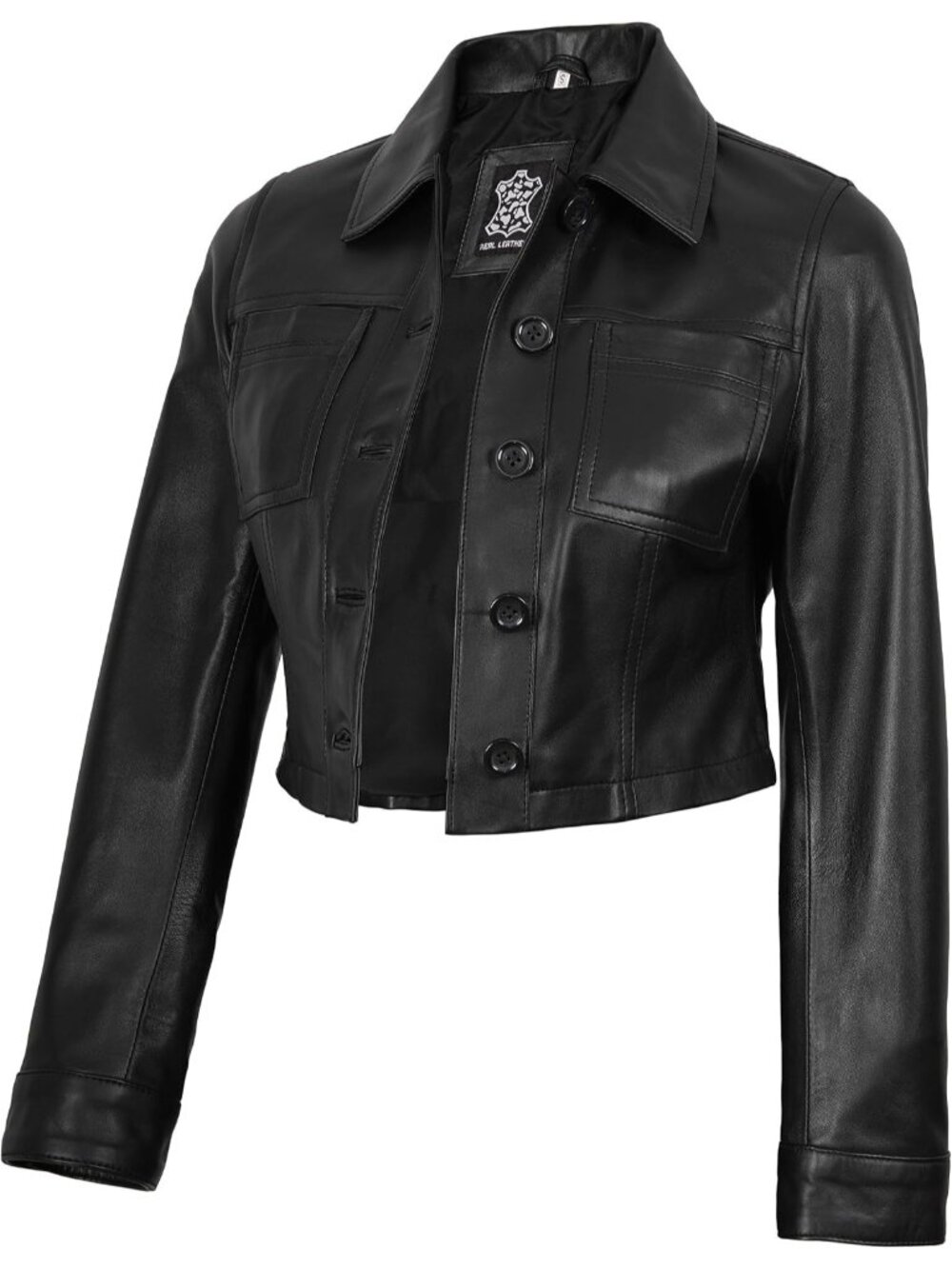 Women’s Black Cropped Leather Jacket Shirt Collar Short Motorcycle Style Jacket